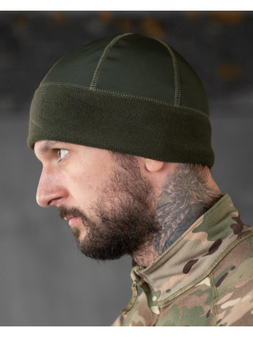 Шапка флісова хакі з вставкою Soft-Shell та липукою під шеврон Шапка флісова хакі з вставкою Soft-Shell та липукою під шеврон
