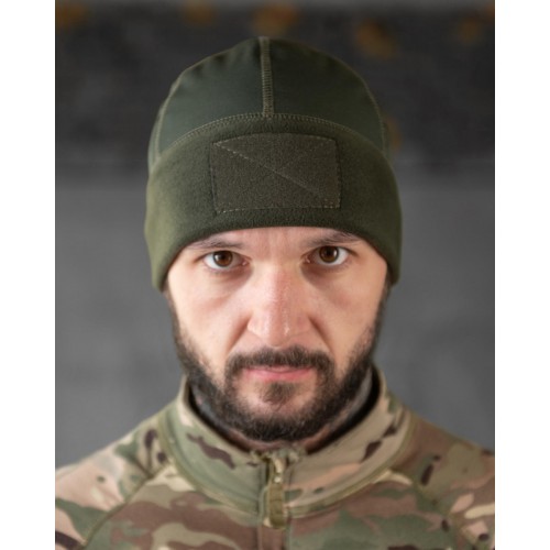 Шапка флісова хакі з вставкою Soft-Shell та липукою під шеврон Шапка флісова хакі з вставкою Soft-Shell та липукою під шеврон