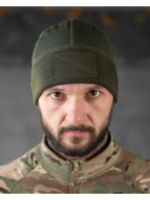 Шапка флісова хакі з вставкою Soft-Shell та липукою під шеврон