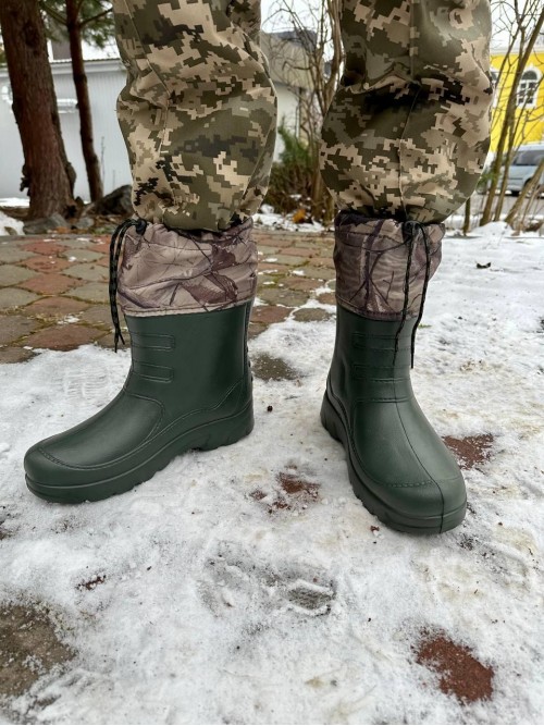 Теплі водонепроникні гумові чоботи олива з вкладишем