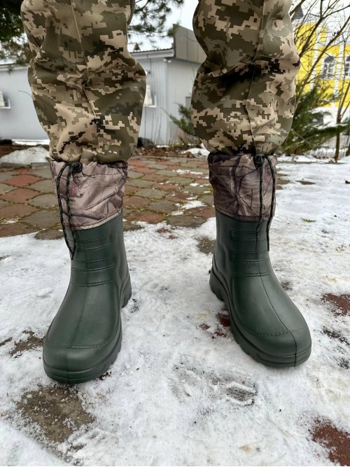 Теплі водонепроникні гумові чоботи олива з вкладишем