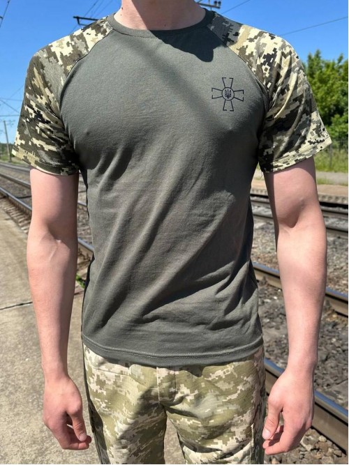 Футболка тактична хакі з піксельними рукавами