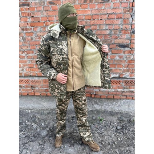 Комплект бушлат на хутрі + штани на флісі піксель зима