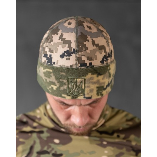 Шапка флісова піксель з вставкою Soft-Shell та гербом