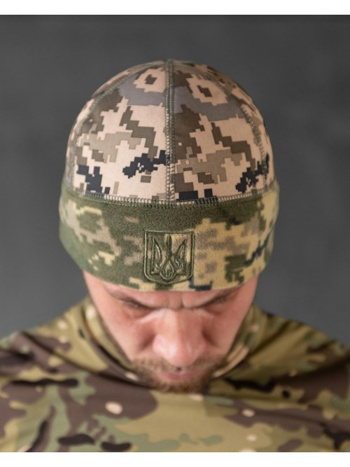 Шапка флісова піксель з вставкою Soft-Shell та гербом