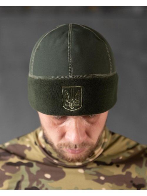 Шапка флісова хакі з вставкою Soft-Shell та гербом