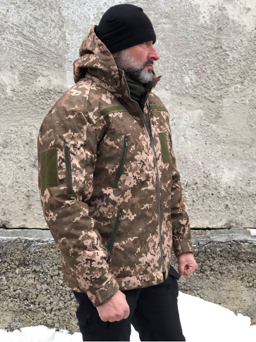 Тактична зимова куртка з капюшоном Soft Shell піксель