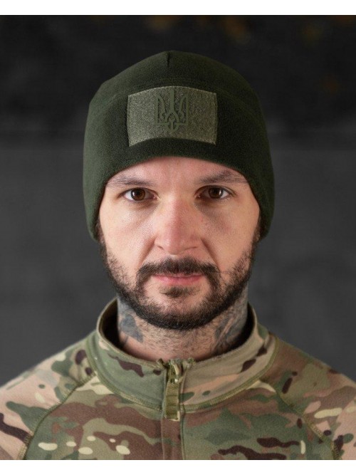 Шапка флісова хакі з липучкою та гербом