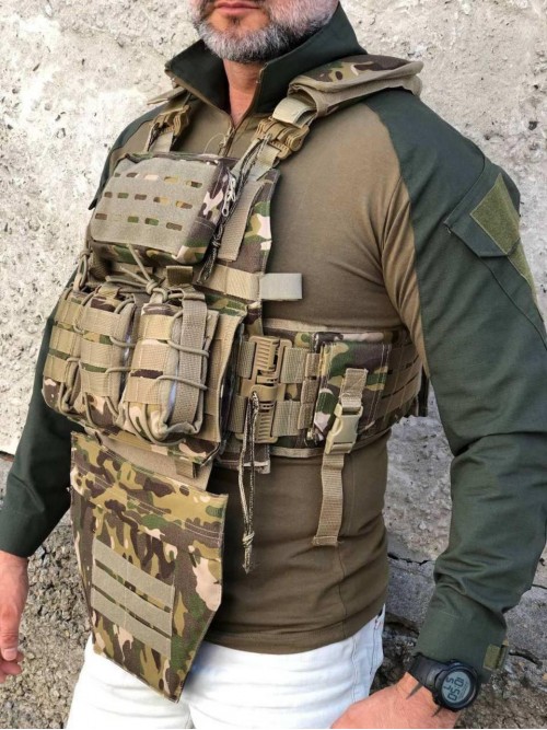 Плитоноска ISIK Мультикам з подвійним швидким скиданням на 4 точки скидання, 7 підсумків з напашником
