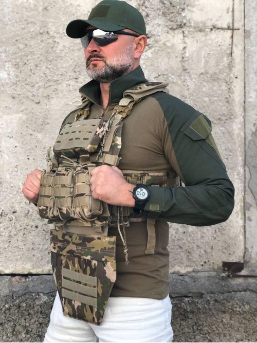 Плитоноска ISIK Мультикам з подвійним швидким скиданням на 4 точки скидання, 7 підсумків з напашником