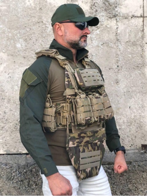 Плитоноска ISIK Мультикам з подвійним швидким скиданням на 4 точки скидання, 7 підсумків з напашником