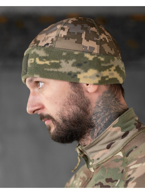 Шапка флісова піксель з вставкою Soft-Shell та липукою під шеврон