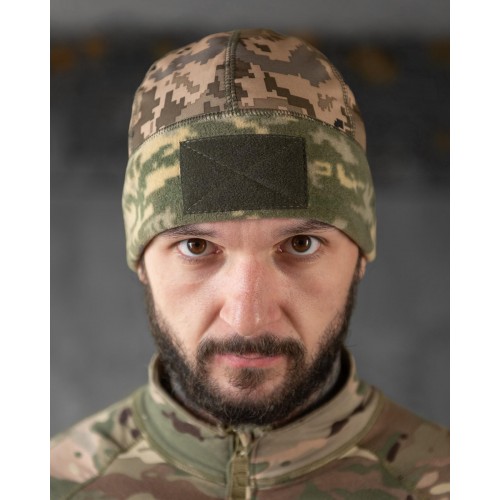 Шапка флісова піксель з вставкою Soft-Shell та липукою під шеврон