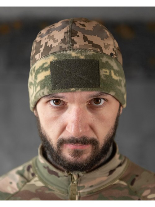 Шапка флісова піксель з вставкою Soft-Shell та липукою під шеврон